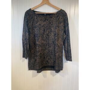 Lauren Ralph Lauren Top Black Gold Metallic Paisley Size XL 3/4 Sleeve